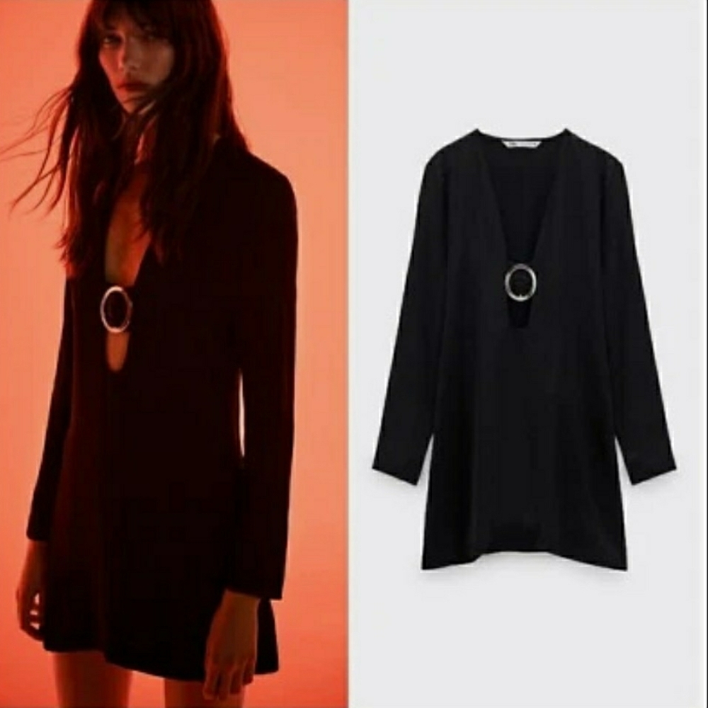 Zara Black Long-Sleeve Mini Dress with Ring Detail